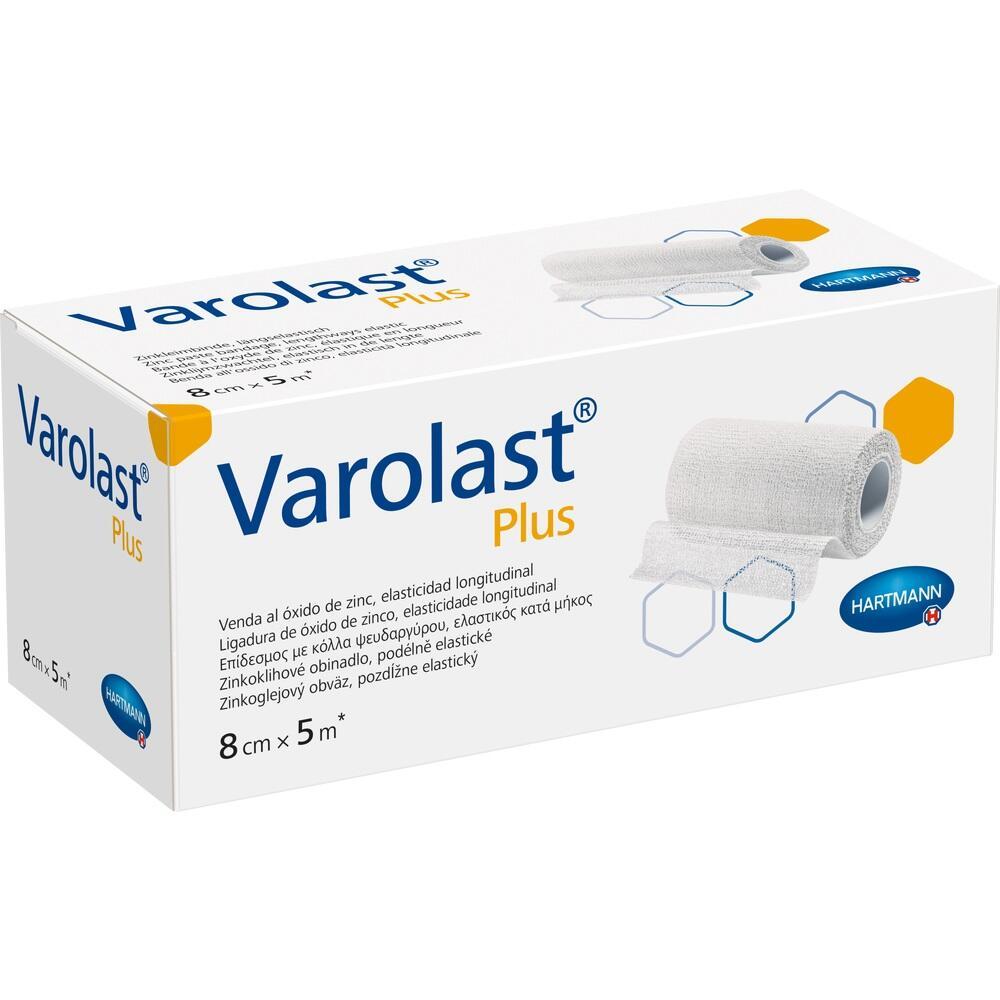 Ein weißer Karton zeigt eine Rolle elastischer Binde namens Varolast Plus.