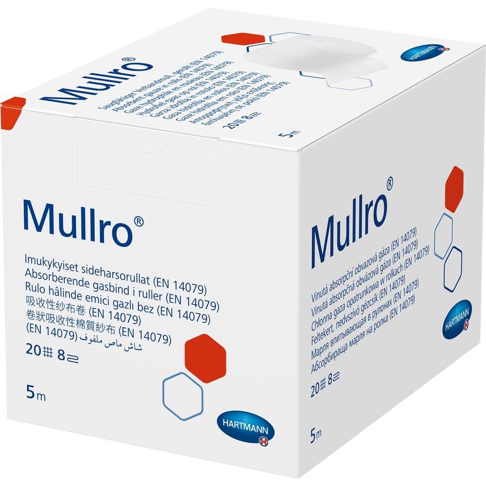 Weiße Verpackung mit der Aufschrift "Mullro" und medizinischem Text in mehreren Sprachen.