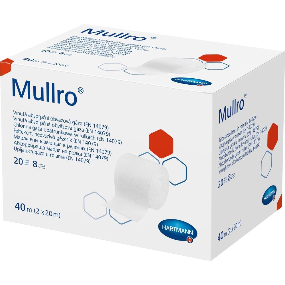 Weiße Verpackung mit blau-rotem Design für Mullbinden von Hartmann.