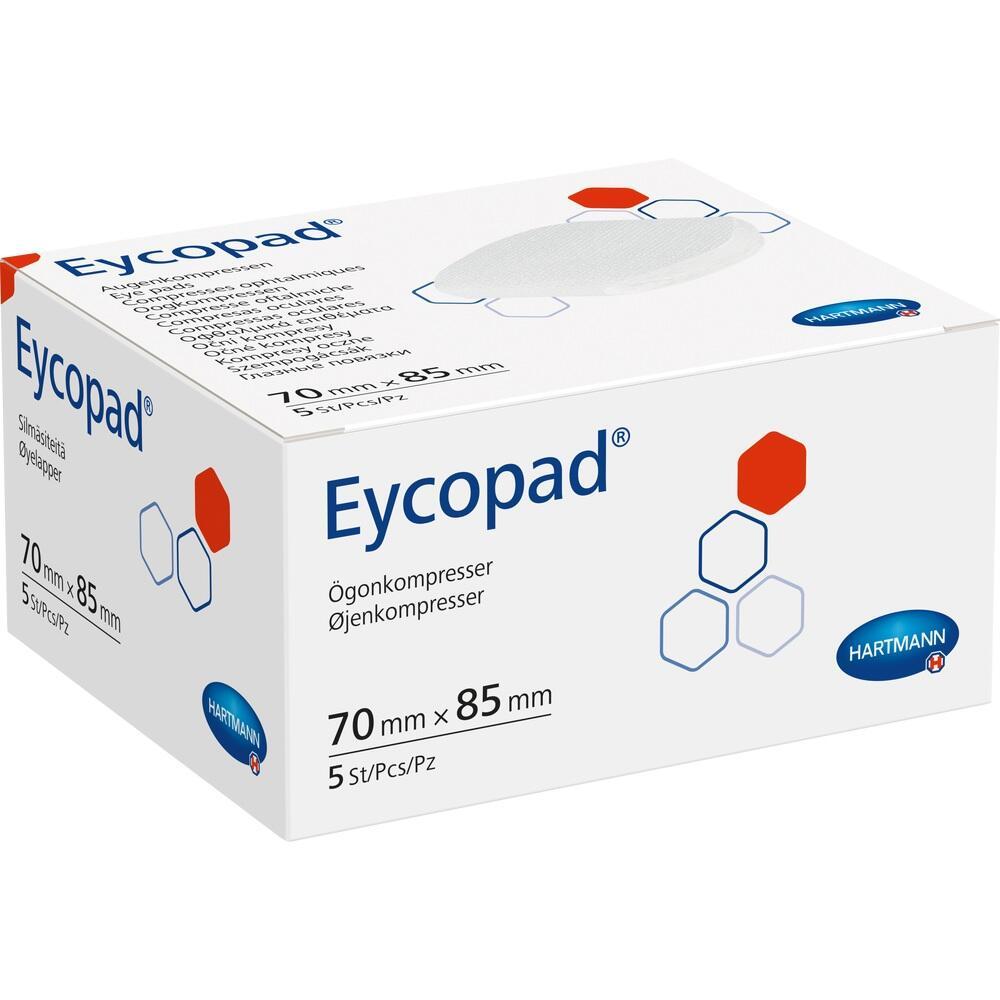 Eine weiße Verpackung mit der Aufschrift "Eycopad" und blauen und roten Grafiken.