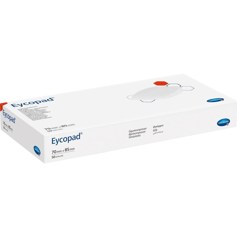Weiße Verpackung mit der Aufschrift "Eycopad", einem Produkt für Augenkompressen.