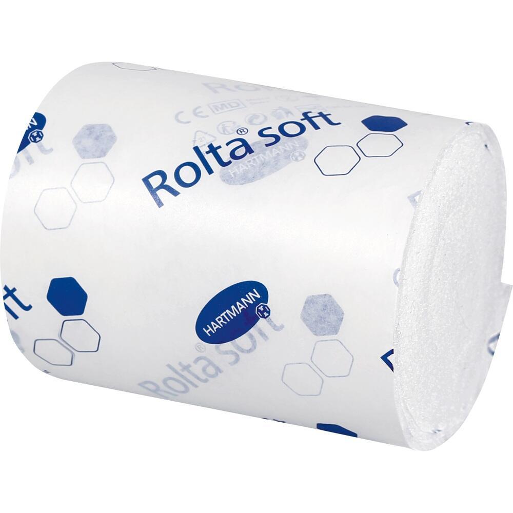 Eine Rolle weiches, weißes Verbandmaterial mit blauer Aufschrift und blauen Sechsecken.
