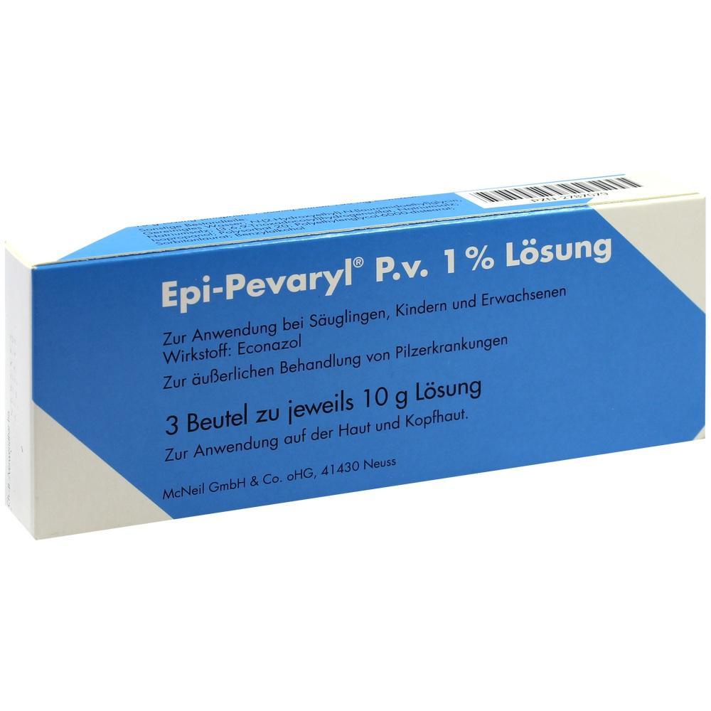 Blaue Verpackung von Epi-Pevaryl, einem Medikament zur Behandlung von Pilzerkrankungen.