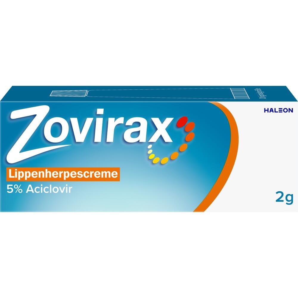 Blaue Packung einer Lippenherpescreme mit dem Namen Zovirax.