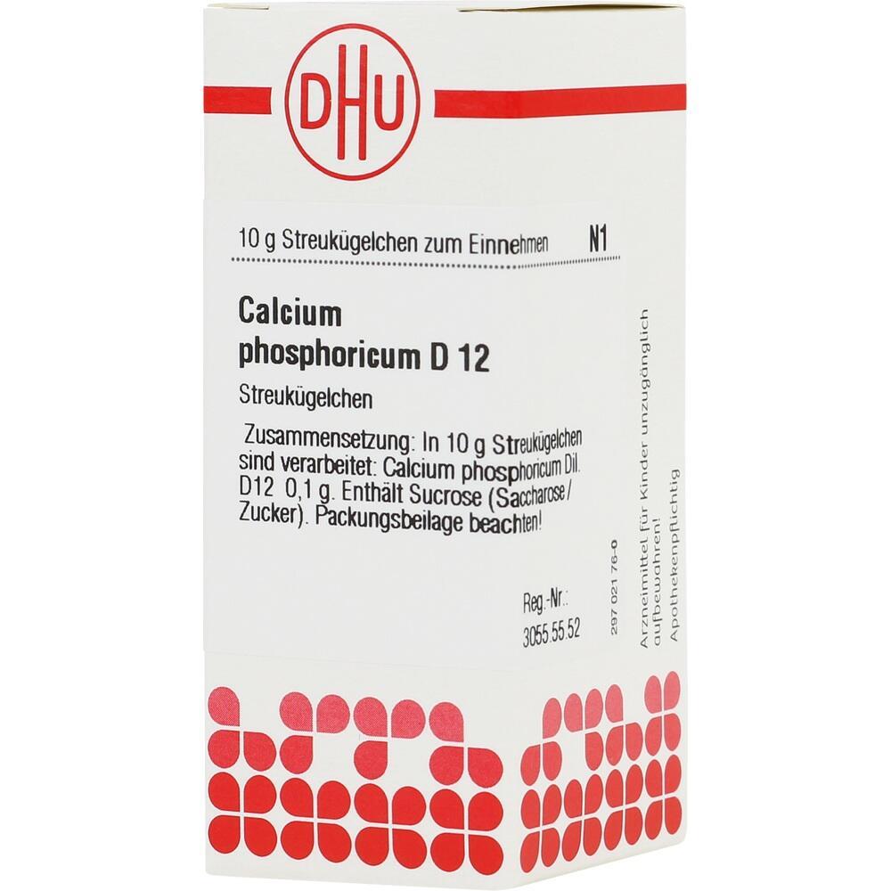 Weiße Arzneimittelverpackung mit rotem Logo und Text für Calcium phosphoricum D 12 Streukügelchen.