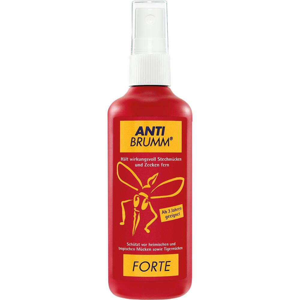 Rote M&uuml;ckenspray-Flasche mit gelbem Etikett zur Abwehr von Insekten.