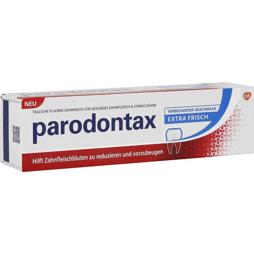 Weiße Zahnpastatube mit der Aufschrift "Parodontax Extra Frisch".