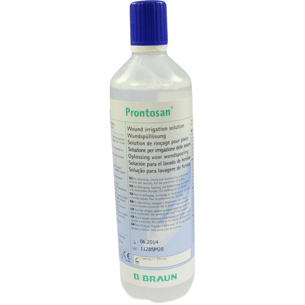 Eine Plastikflasche mit blauer Kappe und Etikett f&uuml;r Wundsp&uuml;ll&ouml;sung.