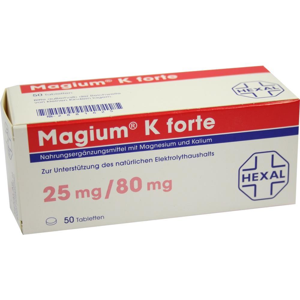 Eine wei&szlig;e Medikamentenschachtel mit der Aufschrift "Magium K forte".