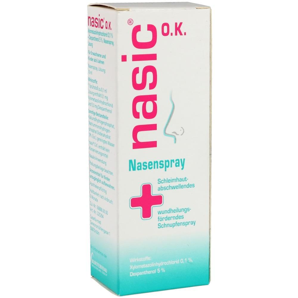 Wei&szlig;e Verpackung eines Nasensprays mit rosa und blauer Schrift.