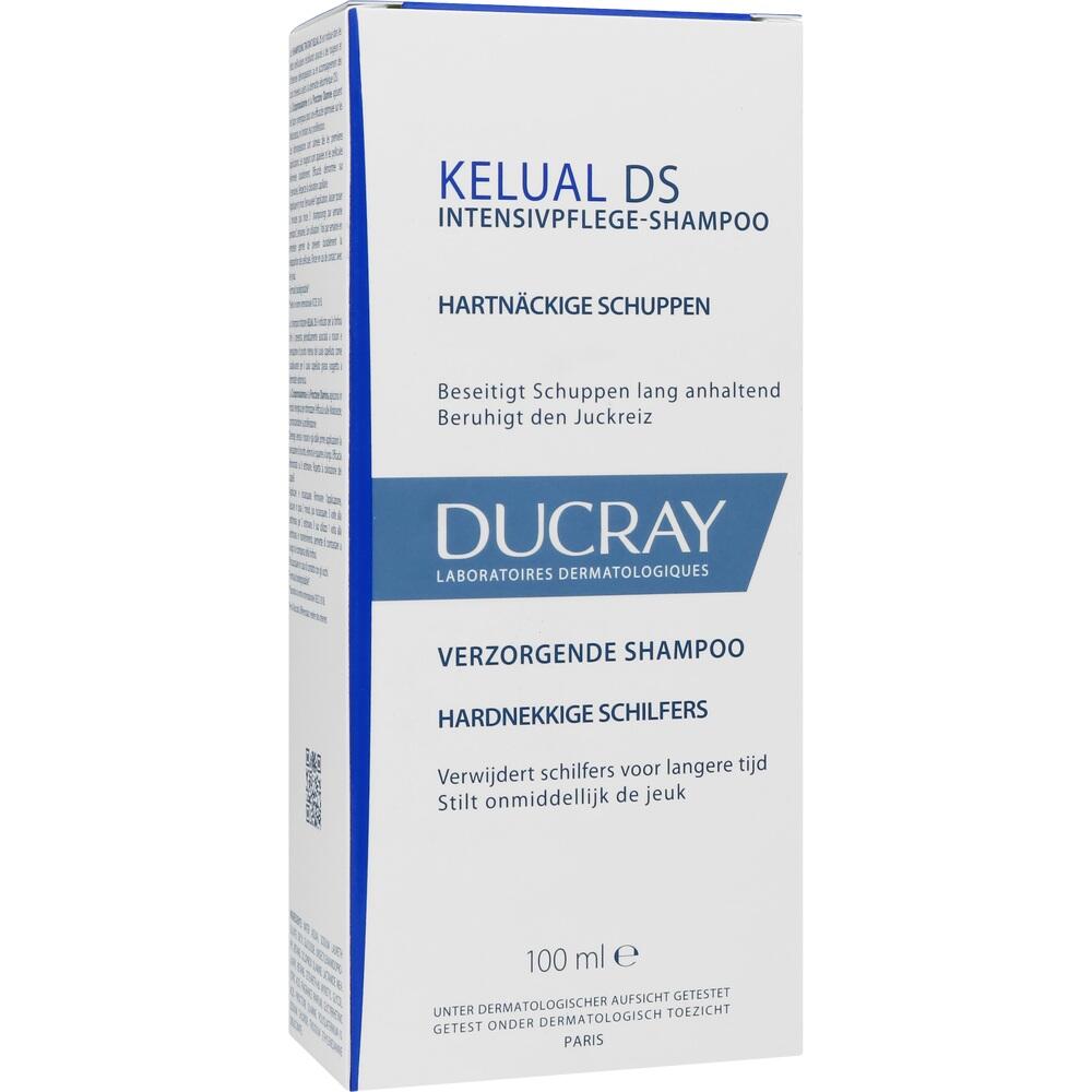 Eine Schachtel mit Anti-Schuppen-Shampoo von Ducray mit blauen Details und Text.