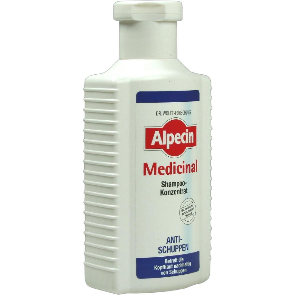 Wei&szlig;e Shampooflasche mit rotem Alpecin-Logo und blauer Aufschrift "Anti-Schuppen".