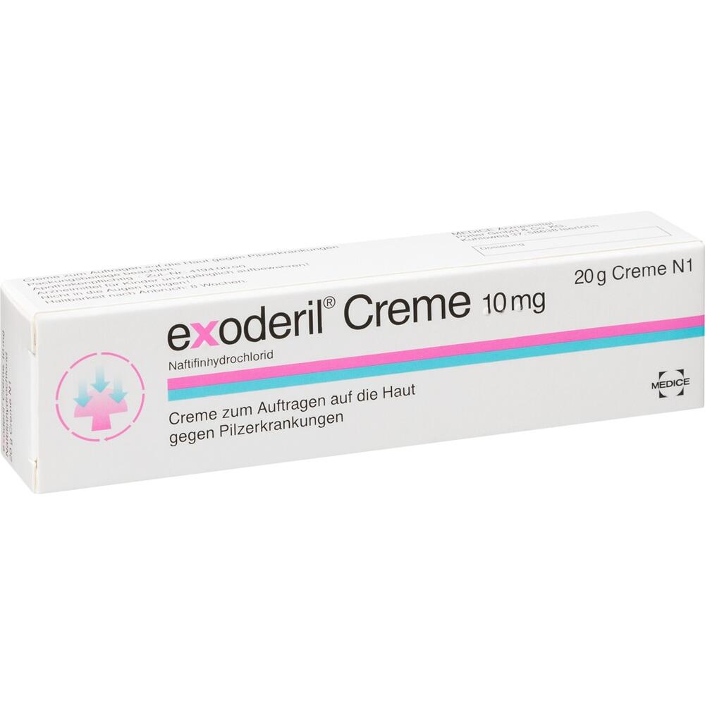 Eine weiße Packung Exoderil Creme zur Behandlung von Pilzinfektionen der Haut.