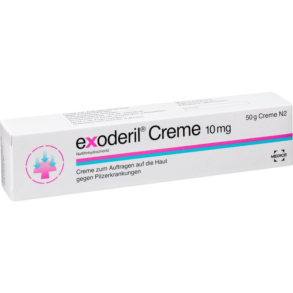 Weiße Verpackung von Exoderil Creme gegen Hautpilz.