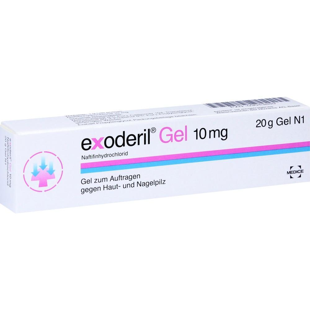 Schachtel mit Exoderil-Gel gegen Haut- und Nagelpilz.