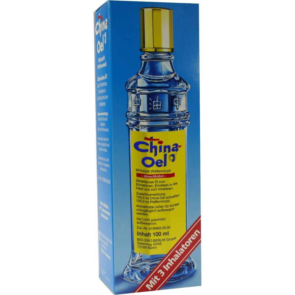 Blaue Verpackung von China &Ouml;l mit gelbem Etikett und Pfefferminz&ouml;l.