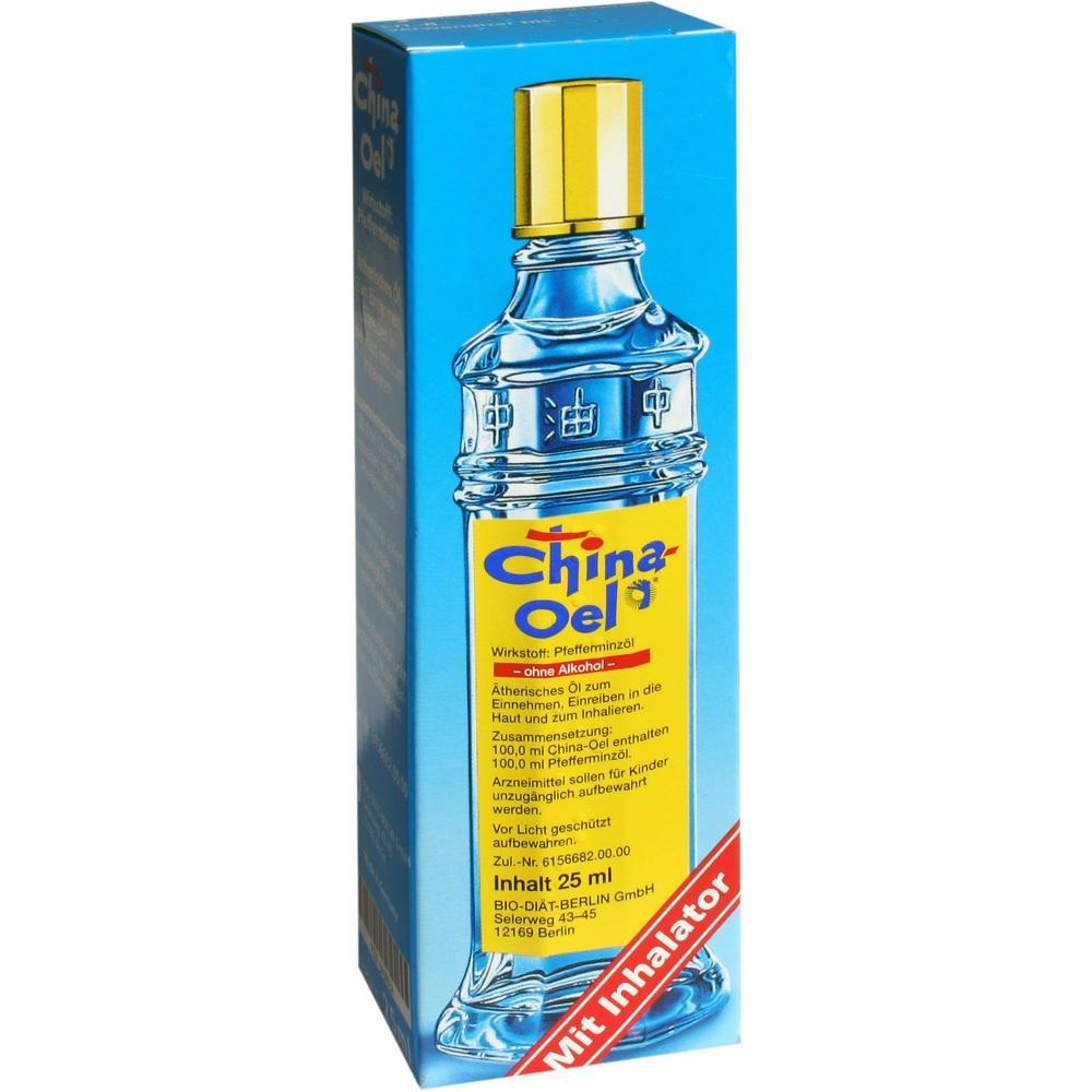 Die Verpackung zeigt China &Ouml;l mit Pfefferminz&ouml;l auf blauem Hintergrund.