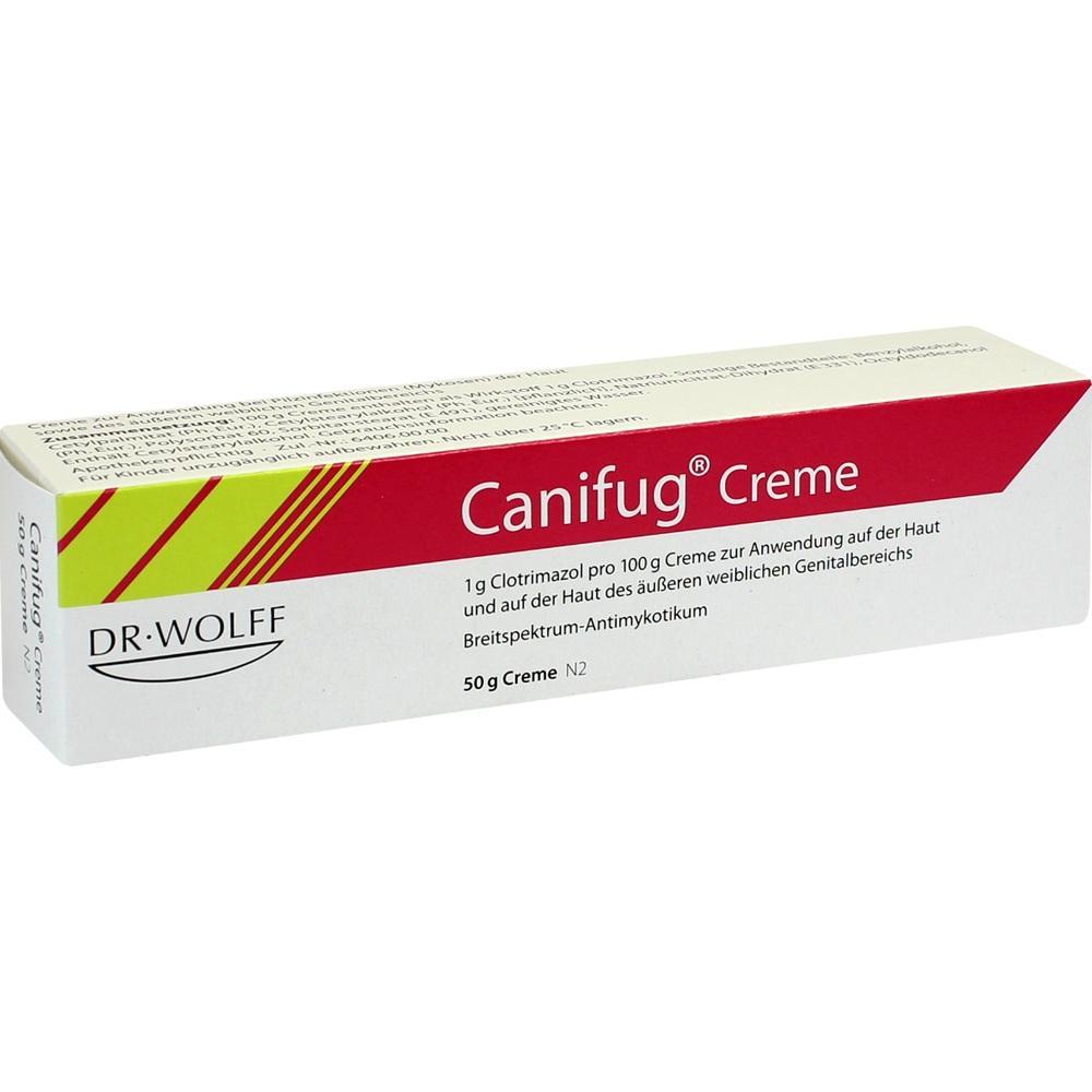Eine wei&szlig;e und rote Creme-Box mit der Aufschrift "Canifug Creme".