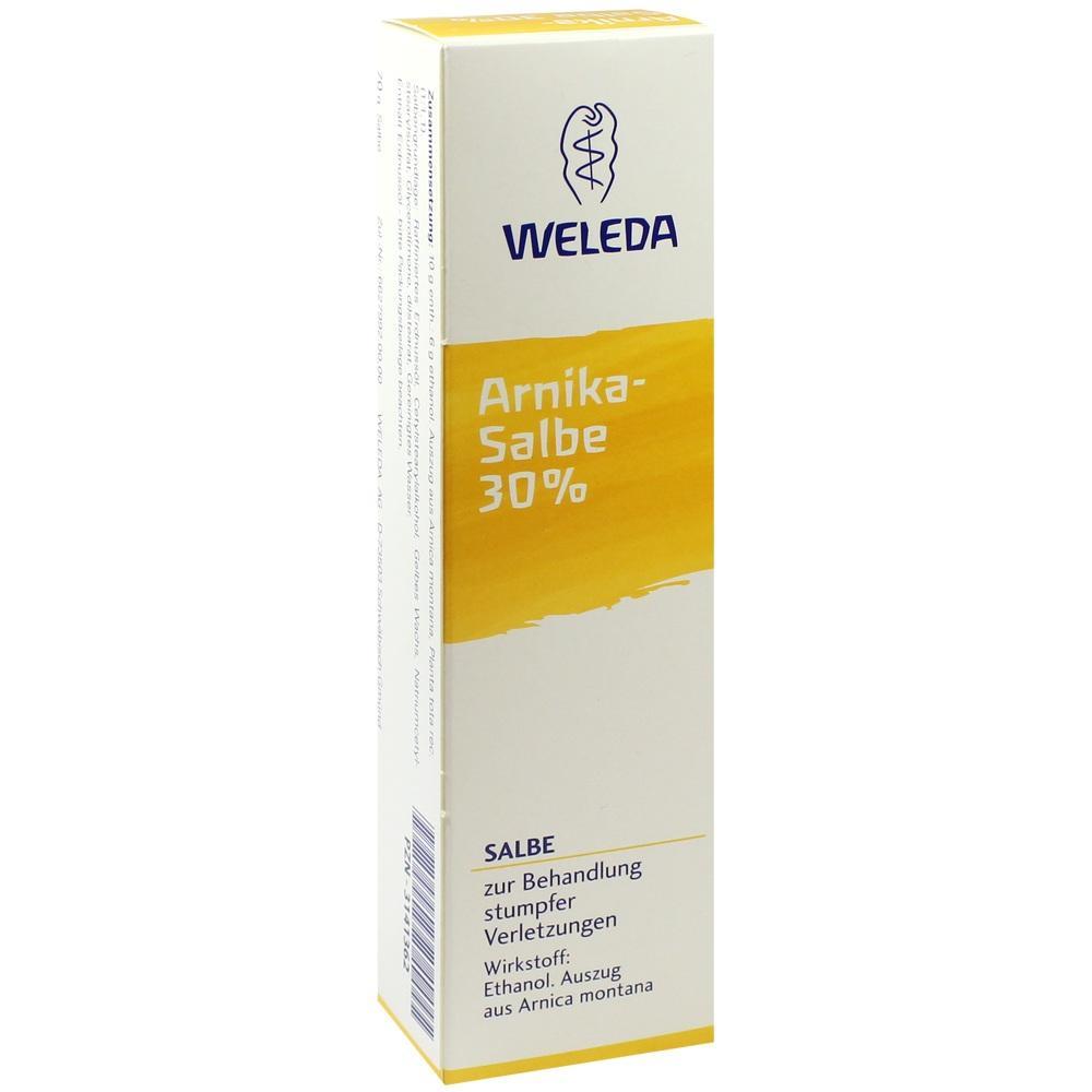 Weiße Verpackung einer Arnika-Salbe mit gelbem Detail und blauer Schrift.