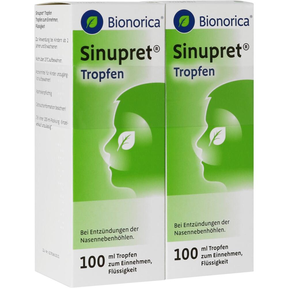 Zwei Packungen Sinupret Tropfen gegen Nasennebenhöhlenentzündung.