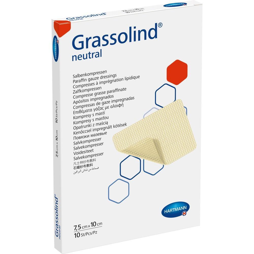 Eine weiße Verpackung für Grassolind Salbenkompressen mit Text in mehreren Sprachen.