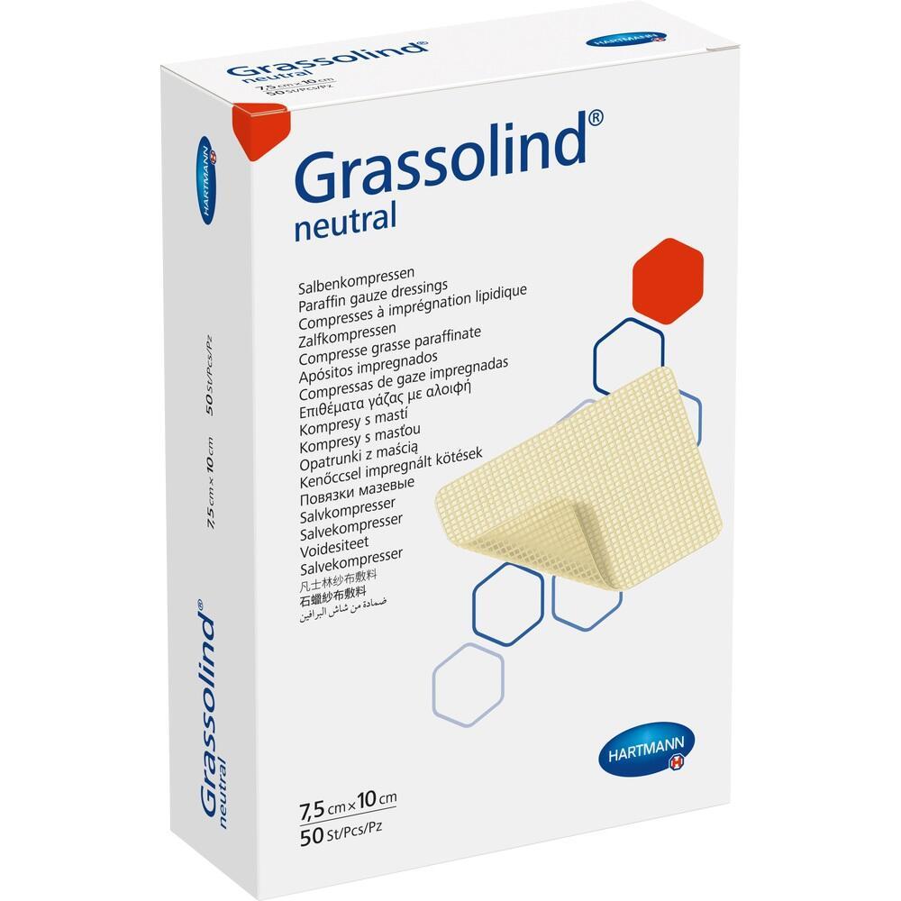 Eine weiße Verpackung von Salbenkompressen mit dem Namen "Grassolind neutral".