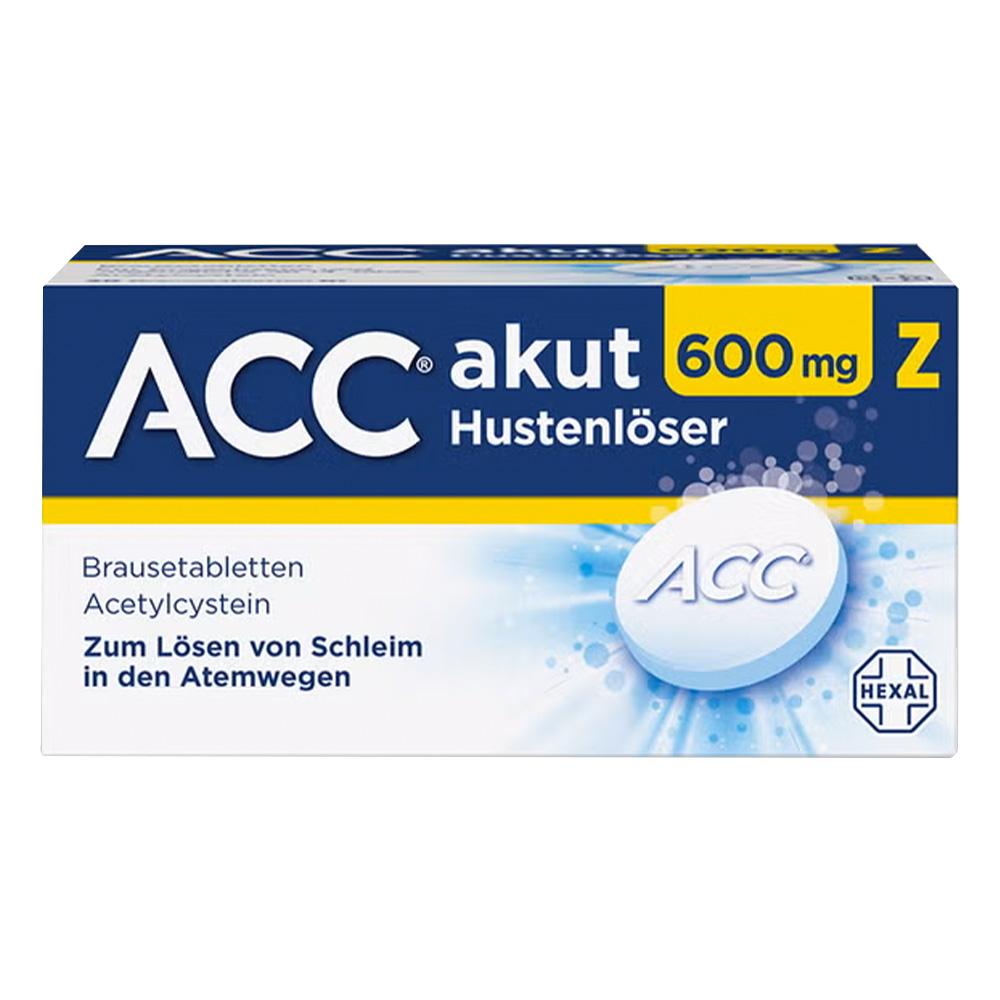 Verpackung von ACC akut 600 mg Hustenlöser Brausetabletten für die Atemwege.