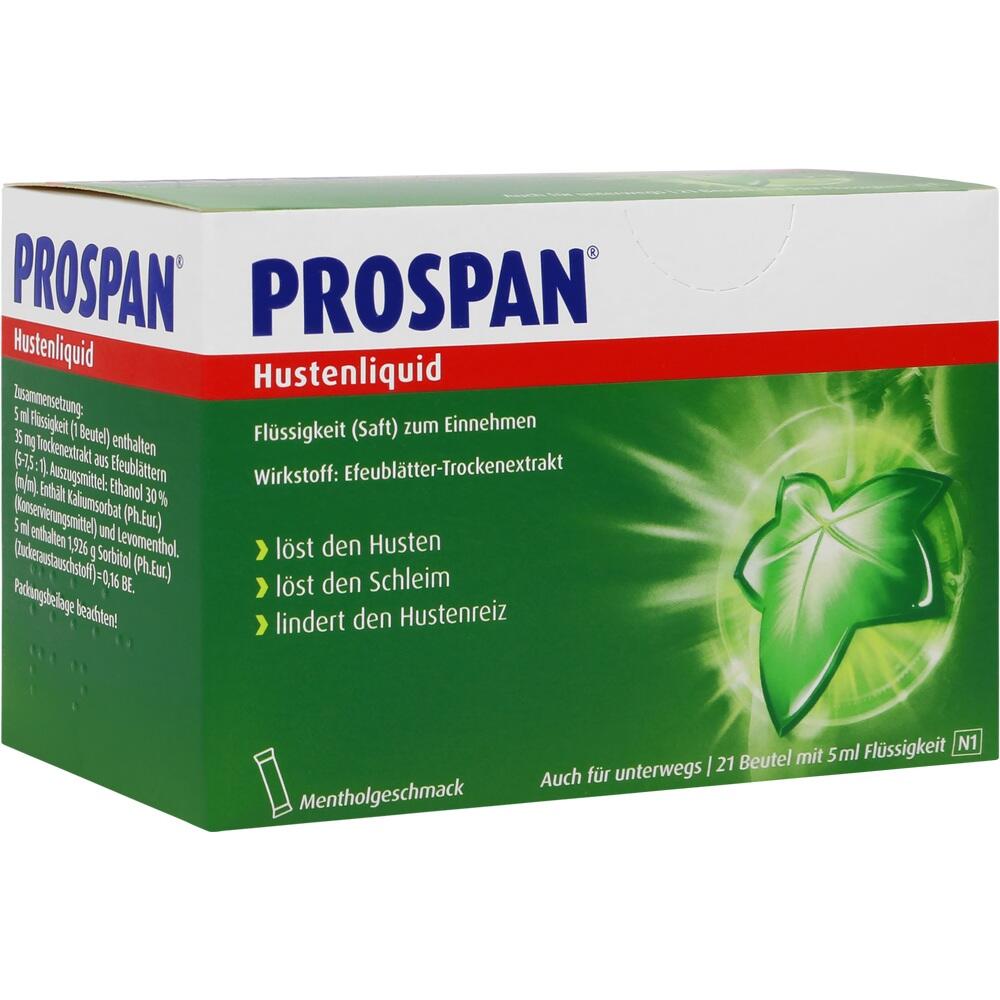 Eine grüne Verpackung von Prospan Hustensaft mit einem Efeublatt darauf.