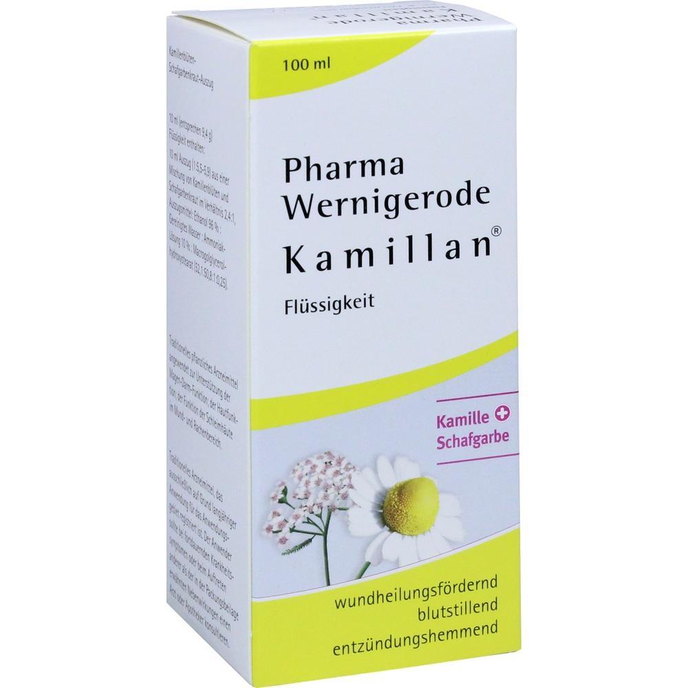 Kartonpackung mit Kamillenflüssigkeit zur Förderung der Wundheilung.