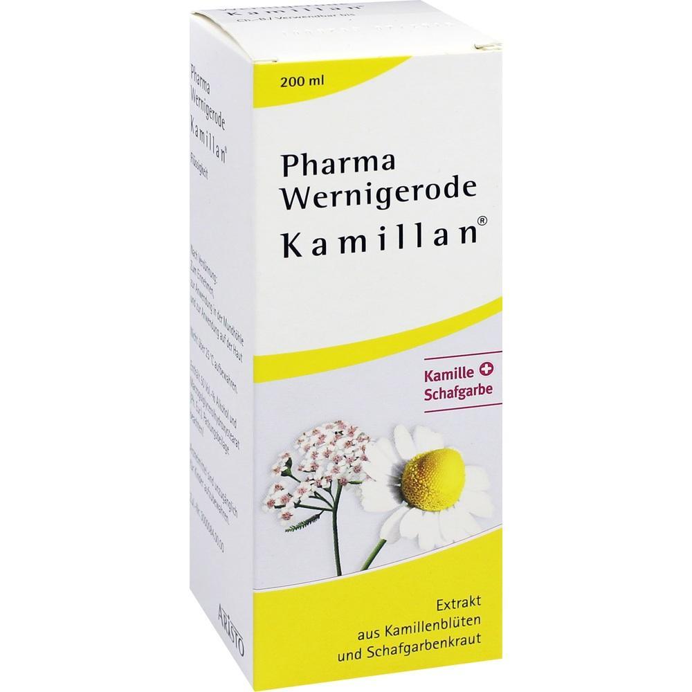 Eine Verpackung von Kamillan, mit Kamillen- und Schafgarbenpflanzen darauf.