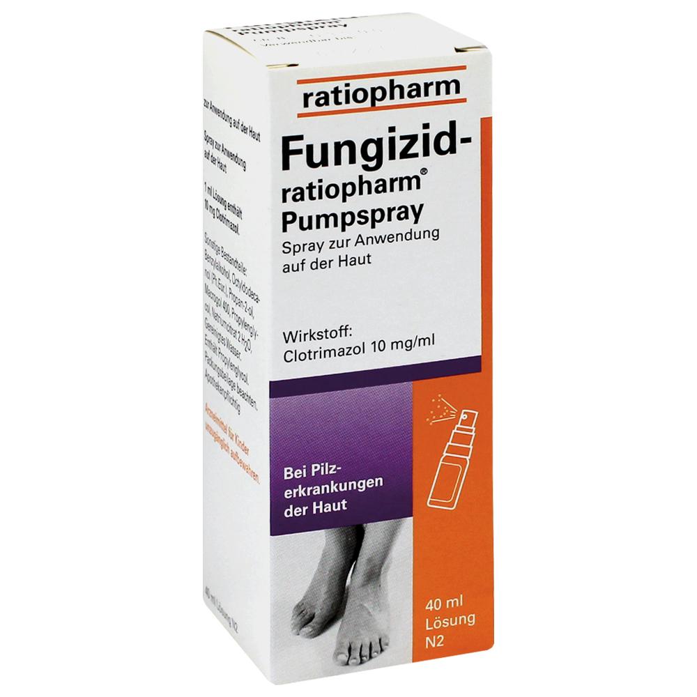 Wei&szlig;e Verpackung eines Fungizid-Sprays zur Behandlung von Hautpilz.