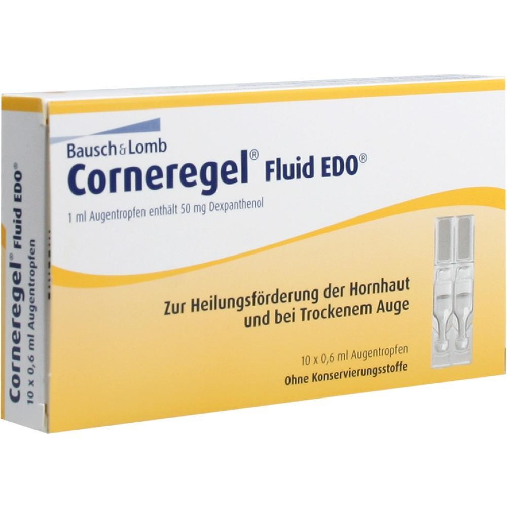 Gelbe Packung mit Augentropfen von "Corneregel Fluid" für die Augenheilung.