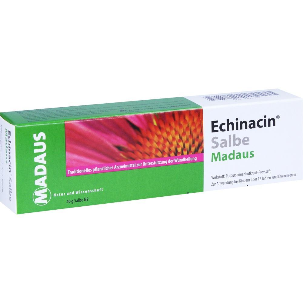 Grüne und weiße Schachtel mit Echinacin Salbe zur Unterstützung der Wundheilung.