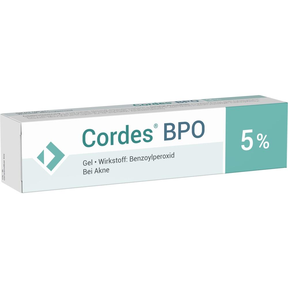 Eine wei&szlig;e Tube Cordes BPO 5% Akne-Gel gegen Pickel.