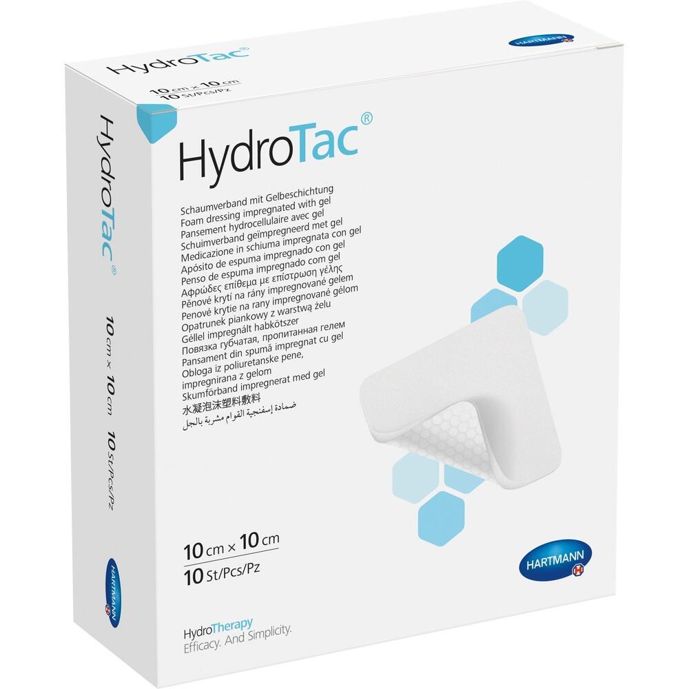 Weiße Verpackung mit der Aufschrift "HydroTac", mit einem Wundverband abgebildet.