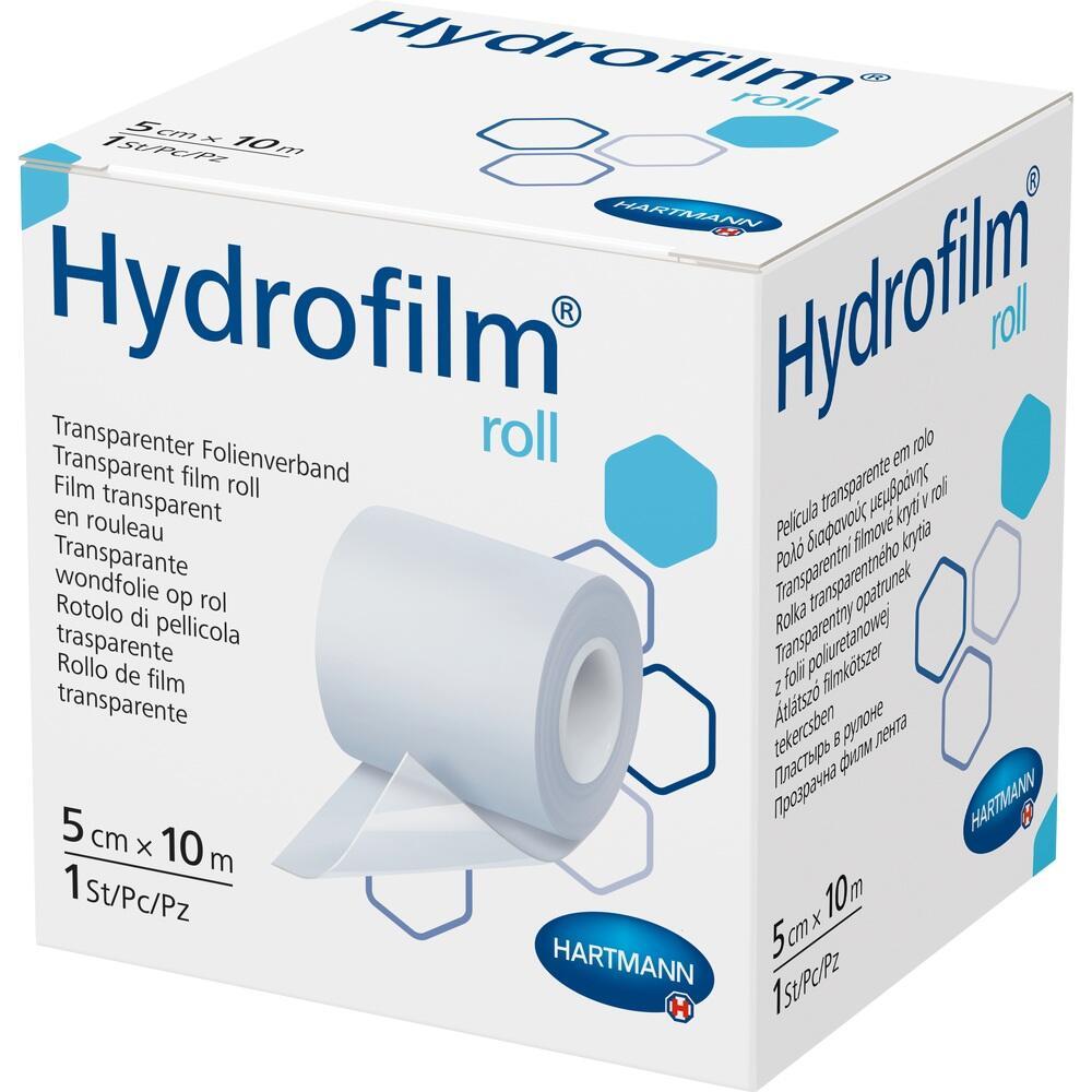 Eine weiße Schachtel mit einer Rolle transparentem Filmverband von Hartmann.