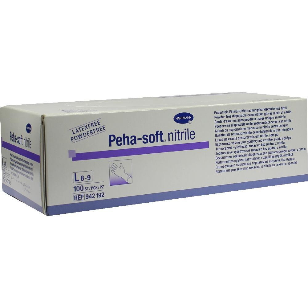 Eine weiße Schachtel mit Einweghandschuhen aus Nitril der Marke Peha-soft.