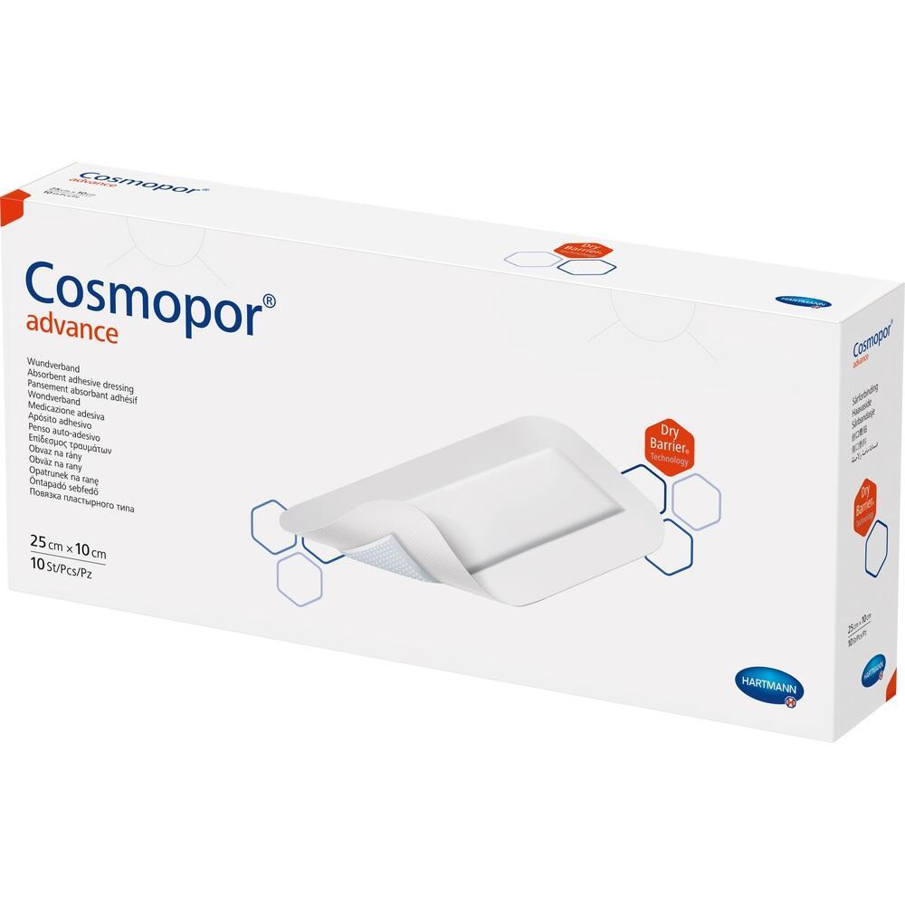 Weiße Verpackung mit der Aufschrift "Cosmopor advance", zeigt eine Wundauflage.
