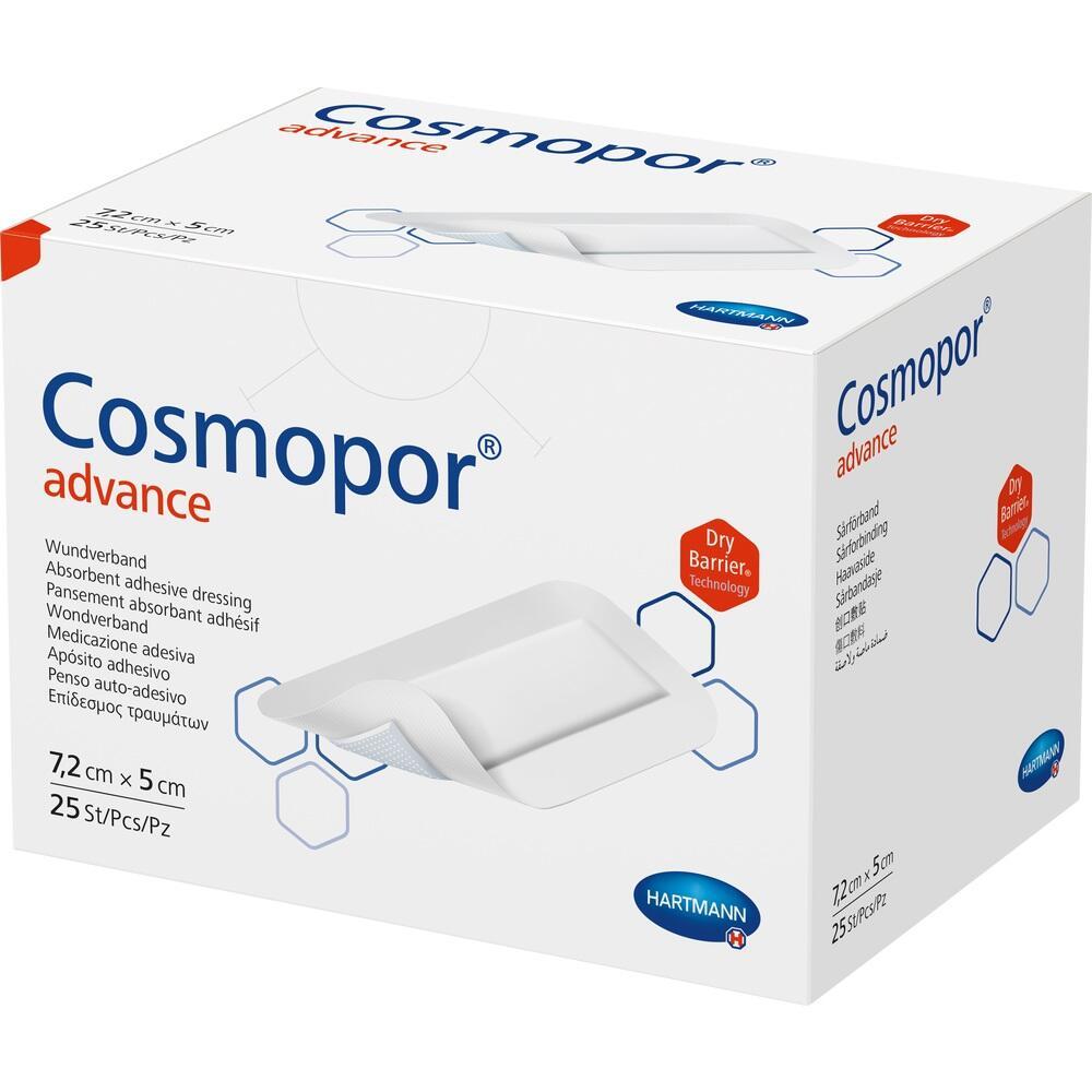Weiße Verpackung mit dem Aufdruck "Cosmopor advance" und einem Bild von einem Wundverband.
