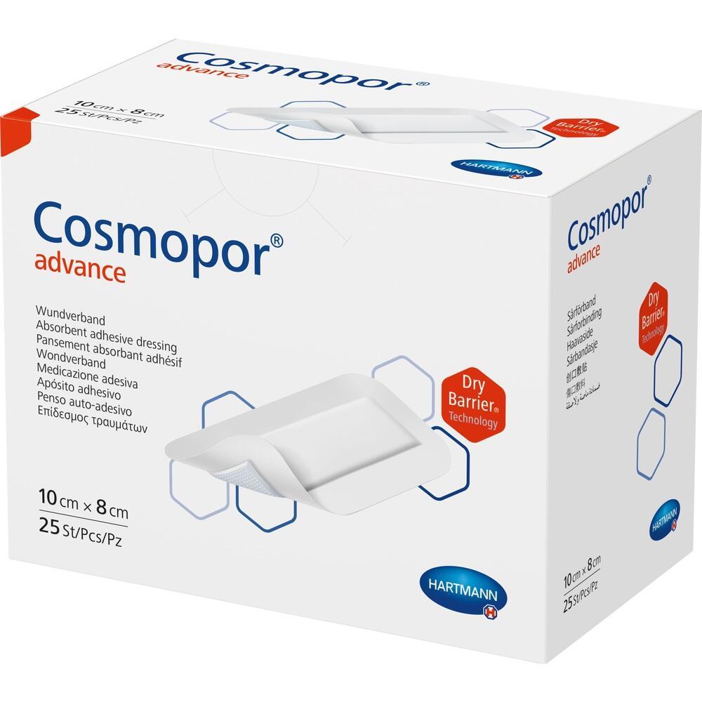 Weiße Verpackung mit Aufdruck "Cosmopor advance" und Bild eines Wundverbandes.