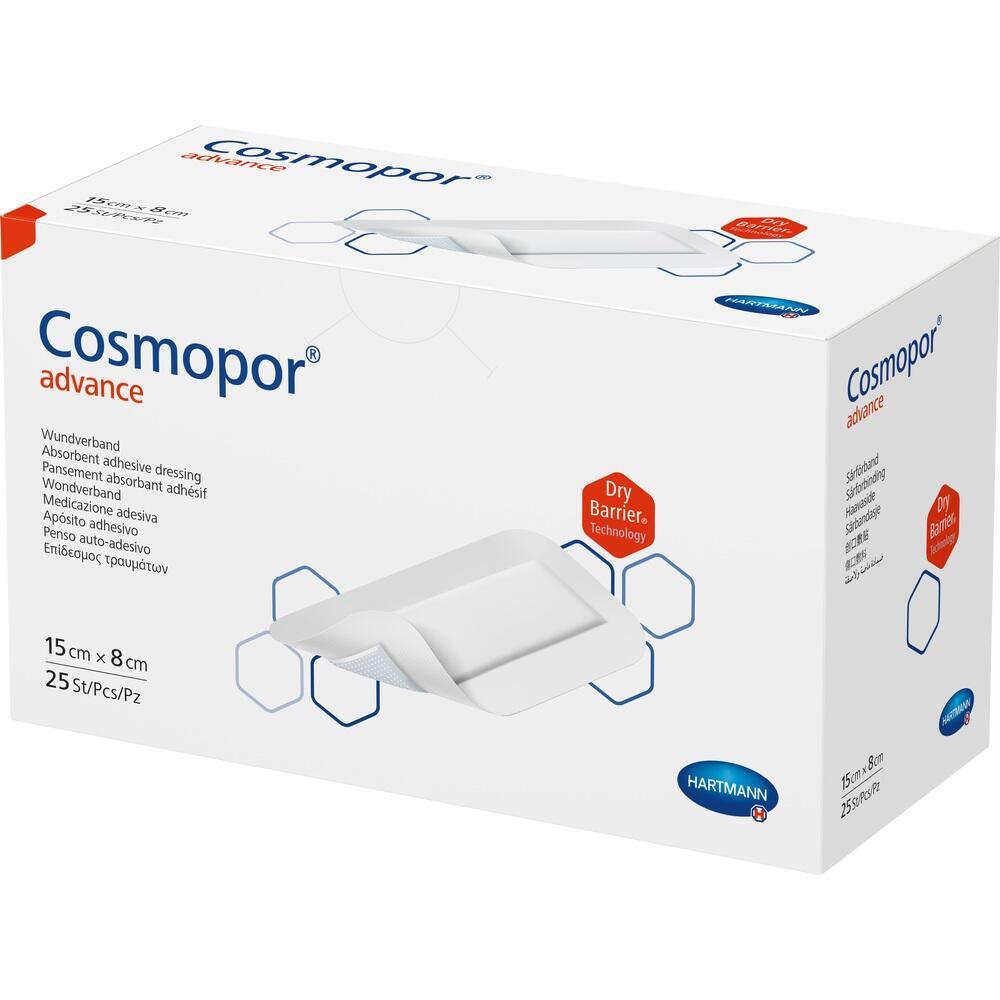 Eine weiße Schachtel mit Verbandsmaterial namens "Cosmopor advance".