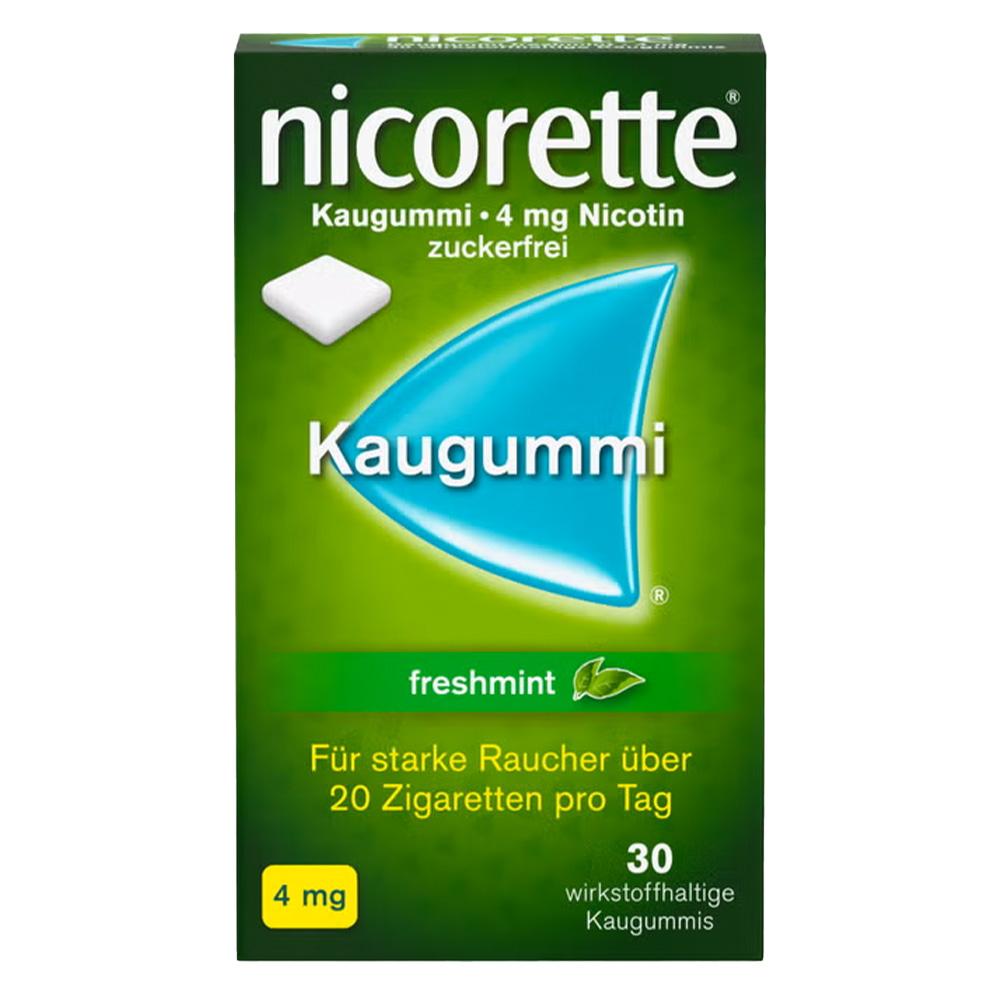 Grüne Packung Nicorette-Kaugummi, 4 mg Nikotin, für starke Raucher, 30 Stück.