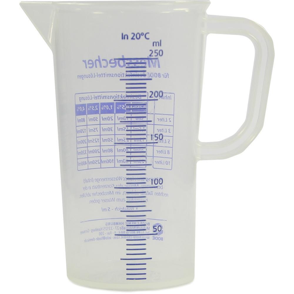 Ein transparenter Messbecher mit blauen Skalen und einem Henkel.