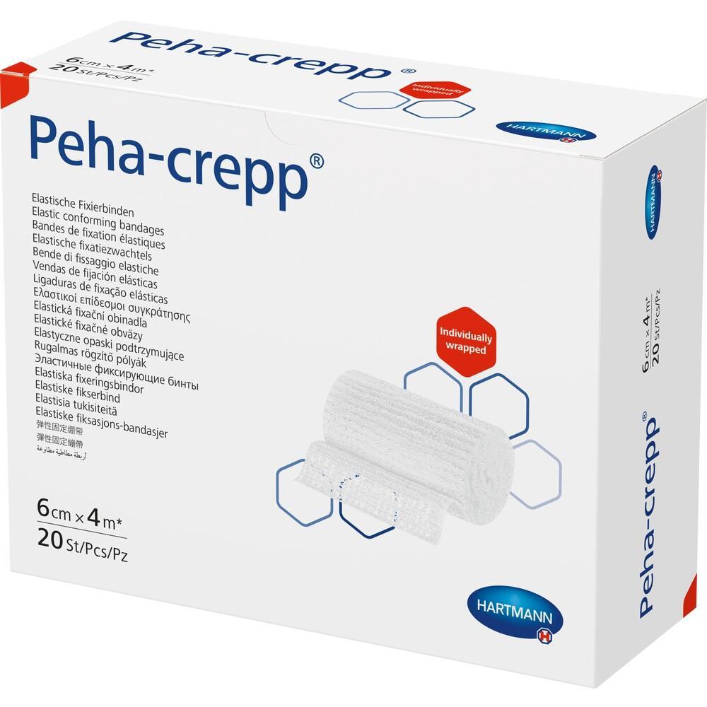 Eine Packung elastische Fixierbinden von Peha-crepp, 20 Stück, 6 cm x 4 m.