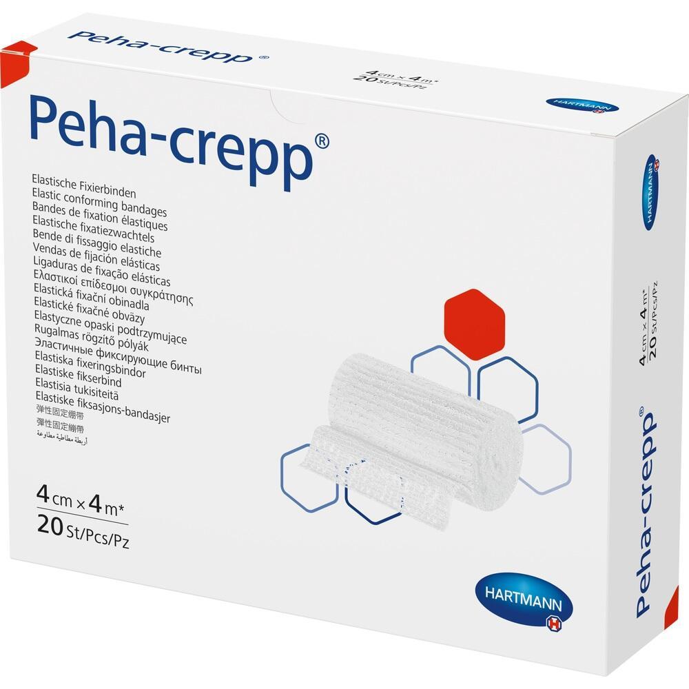 Eine weiße Verpackung mit elastischen Fixierbinden der Marke Peha-crepp.
