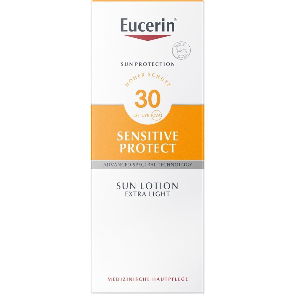 Wei&szlig;e Packung einer Sonnencreme mit Lichtschutzfaktor 30 und der Aufschrift "Sensitive Protect".
