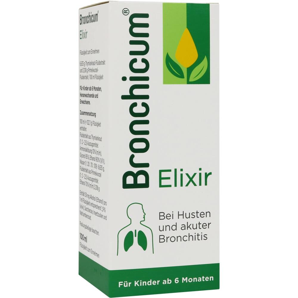 Flasche und Verpackung eines Medikaments gegen Husten und akute Bronchitis.