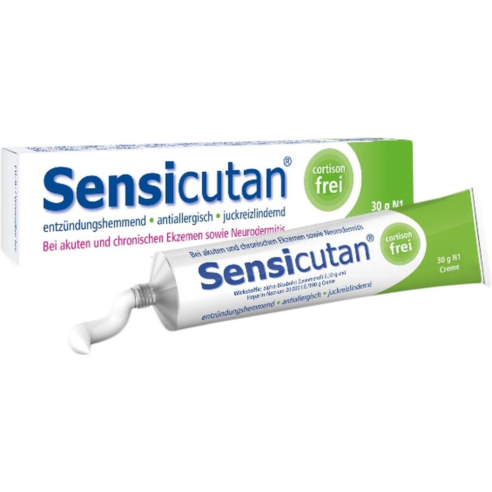 Gr&uuml;ne und wei&szlig;e Tube der Salbe Sensicutan, cortisonfrei und gegen Juckreiz.