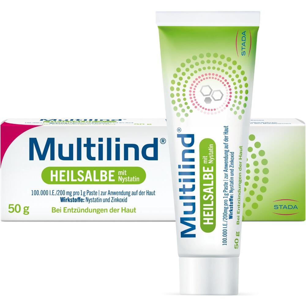 Eine Tube Multilind Heilsalbe steht vor einer passenden Verpackung.