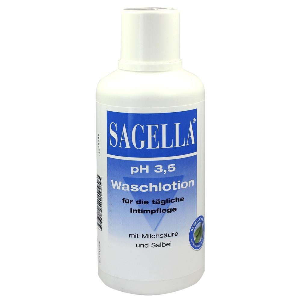 Wei&szlig;es Waschlotions-Fl&auml;schchen mit blauem Etikett f&uuml;r Intimpflege.